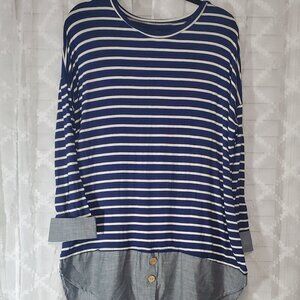 Blue White stripe Tunic Blouse Faux denim cuff sleeves & bottom size XL Stretch